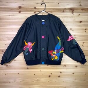 Vintage Silk Scapes Bomber Jacket Womens Medium Black Hand Painted Fish Jacket